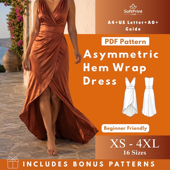 Asymmetric Hem Wrap Dress Sewing Pattern Pdf, Sleeveless Surplice Maxi Digital
