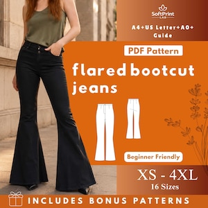 May include: Black flared bootcut jeans. The image includes a PDF pattern for flared bootcut jeans, with sizes ranging from XS to 4XL. The pattern is beginner-friendly and includes bonus patterns. The image also includes the text "SoftPrint LAB" and "A4+US Letter+AO+ Guide".