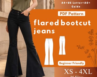bootcut jeans sewing pattern pdf, flared denim pants, high waist bell bottom trousers, XS-4XL digital download