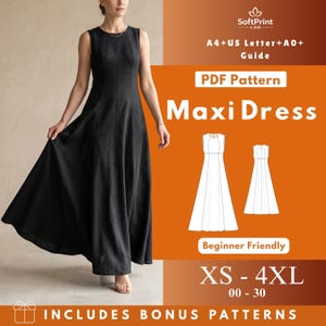 以下が含まれることがあります： 女性が黒のマキシ丈ドレスを着用しています。ドレスはノースリーブで、体にフィットする胴とフレアスカートが特徴です。画像には「Maxi Dress」の文字、サイズ範囲「XS - 4XL」、および「Beginner Friendly」という言葉が記載されたPDFパターンが含まれています。