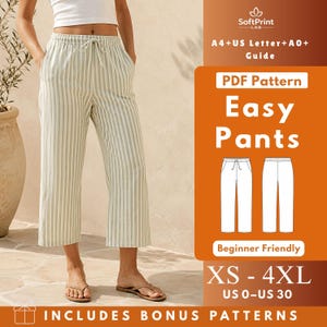 Può includere: Un cartamodello PDF per pantaloni facili con un design a righe verticali bianche e verde chiaro e una vita elastica con coulisse. La grafica include il testo: SoftPrint LAB, A4+US Letter+A0+Guide, PDF Pattern, Easy Pants, Beginner Friendly, XS-4XL, US 0-US 30, INCLUDES BONUS PATTERNS.