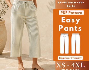Easy Capri Linen Pants PDF Sewing Pattern, Elastic Waist Drawstring Pants with Side Pockets, Women XS-4XL