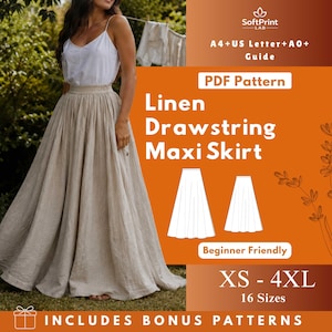 Puede incluir: Una mujer con un top blanco y una falda larga de lino beige con cordón. La imagen incluye un patrón PDF para la falda, disponible en tallas XS a 4XL. El patrón es para principiantes e incluye patrones adicionales.
