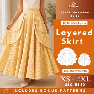 May include: A yellow and white gingham layered skirt with a high waist and full silhouette. The graphic includes the text SoftPrint LAB, A4+US Letter+A0+Guide, PDF Pattern, Layered Skirt, Beginner Friendly, XS-4XL, US 0-US 30, and Includes Bonus Patterns.