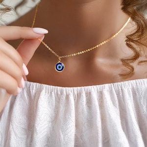 Dainty Gold Plated Evil Eye Necklace with CZ Detailing, Minimalist Evil Eye Choker, Small Evil Eye Necklace in 14k Gold, Talisman Jewelry