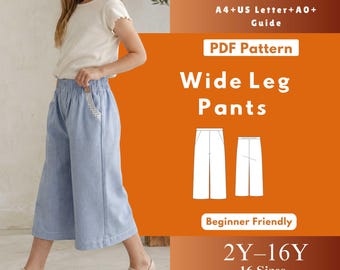 Patroon cropped broek kinderen wijde pijpen, naaipatroon culotte meisjes pdf, geweven broek met zijzakken, maten 2Y-16Y