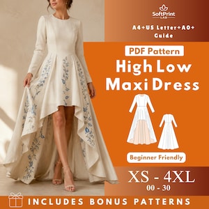 May include: A cream-colored high-low maxi dress with long sleeves and blue floral embroidery. The dress features a high neckline and a flowing skirt. Text on the image reads "PDF Pattern High Low Maxi Dress" and "XS - 4XL".