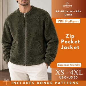 May include: An olive green zip-up jacket made of textured fleece material with a central metal zipper, ribbed collar, and two front pockets. The image includes text: SoftPrint LAB, A4+US Letter+A0+ Guide, PDF Pattern, Zip Pocket Jacket, Beginner Friendly, XS-4XL, US 0-US 30, INCLUDES BONUS PATTERNS.