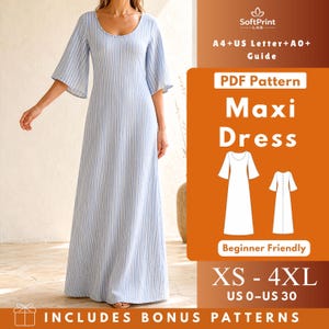 Maxi Dress PDF Sewing Pattern, Wide Scoop Neck Knit Dress with Flared Sleeves and Back Buttons XS-4XL