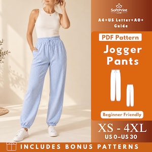 May include: A PDF pattern for jogger pants with a light blue and white checkered texture, featuring an elastic waistband with a drawstring. The text includes SoftPrint LAB, A4+US Letter+A0+Guide, PDF Pattern, Jogger Pants, Beginner Friendly, XS-4XL, US 0-US 30.