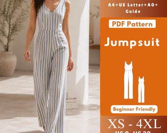 Wide Leg Jumpsuit Sewing Pattern PDF, Sleeveless Deep V Neck One Piece Outfit, Floor Length Women’s Jumpsuit Pattern XS–4XL