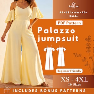 May include: A light yellow palazzo jumpsuit with a V-neck and off-the-shoulder sleeves. The image includes the text "Palazzo jumpsuit", "XS - 4XL", and "Beginner Friendly". The pattern includes bonus patterns and is available in 16 sizes.