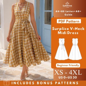 Surplice V-Neck Midi Dress PDF Sewing Pattern, Sleeveless Full Skirt Dress with Pointed Sash XS–4XL