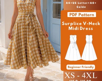 Surplice V-Neck Midi Dress PDF Sewing Pattern, Sleeveless Full Skirt Dress with Pointed Sash XS–4XL