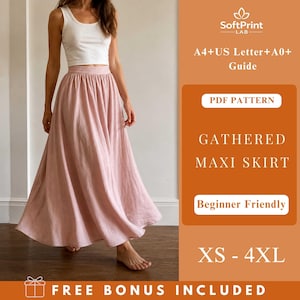 May include: A light pink gathered maxi skirt. The skirt is paired with a white tank top. The image includes text that reads "PDF Pattern", "Gathered Maxi Skirt", "Beginner Friendly", and "XS - 4XL". The image also includes the text "Free Bonus Included".