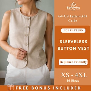 Könnte beinhalten: Eine beige ärmellose Knopfweste mit rundem Ausschnitt und vier Knöpfen. Die Weste hat zwei kleine Taschen und wird mit einer weißen Hose kombiniert. Das Bild enthält den Text "SLEEVELESS BUTTON VEST" und "Beginner Friendly".