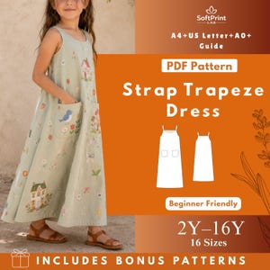 May include: A young girl wearing a light green strap trapeze dress with floral and house embroidery. The dress has pockets and is paired with brown sandals. The image includes text that says "PDF Pattern Strap Trapeze Dress" and "2Y-16Y 16 Sizes".