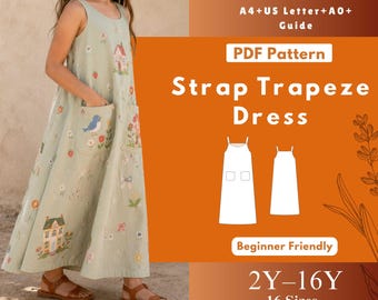 Girls Strap Trapeze Dress Sewing Pattern PDF, Kids Sleeveless A-Line Maxi Dress with Patch Pockets, Woven Summer Dress Pattern
