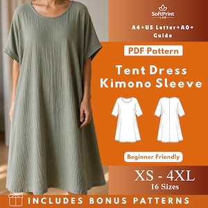 May include: A light green tent dress with kimono sleeves. The dress has a round neckline and falls to the mid-calf. The image includes a pattern guide with the text "Tent Dress Kimono Sleeve" and size range "XS - 4XL".