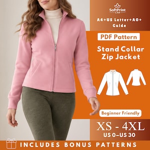 May include: A light pink zip-up jacket with a stand collar, long sleeves, and two front pockets. The image includes text: SoftPrint LAB, A4+US Letter+A0+ Guide, PDF Pattern, Stand Collar Zip Jacket, Beginner Friendly, XS-4XL, US 0-US 30.