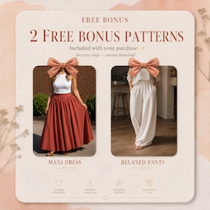 K&ouml;nnte beinhalten: Eine digitale Grafik mit dem Text FREE BONUS 2 FREE BONUS PATTERNS. Sie zeigt zwei Bilder: ein wei&szlig;es Tanktop mit einem rostfarbenen Maxirock und ein wei&szlig;es Langarmshirt mit passender weiter Hose, jeweils mit einer pfirsichfarbenen Schleife.