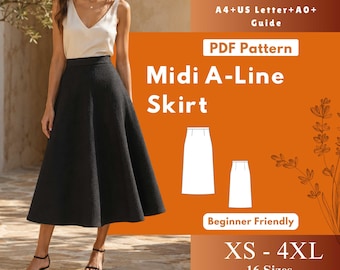 Midi A-Line Skirt PDF Sewing Pattern, Natural Waist Lined Skirt with Side Zip