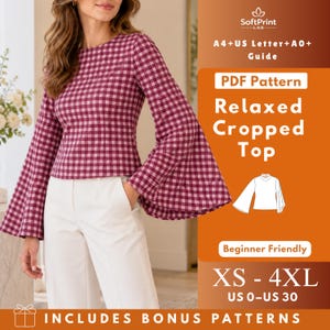 May include: A long-sleeved top with a maroon and white gingham check pattern, featuring wide bell sleeves and a round neckline. The image includes text: SoftPrint LAB, A4+US Letter+A0+ Guide, PDF Pattern, Relaxed Cropped Top, Beginner Friendly, XS-4XL, US 0-US 30.