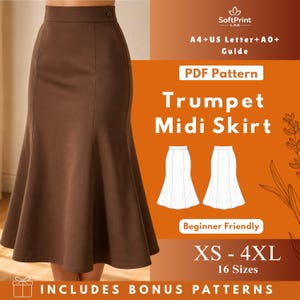 Trumpetkjol med midimönster i PDF-format, fodrad kjol med hög midja och fickor, digital nedladdning