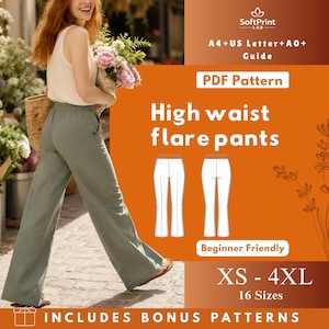 Op de afbeelding: Hoog getailleerde flared broek in een zachte groene kleur. De afbeelding toont een vrouw die de broek draagt, samen met een patroondiagram en de tekst "High waist flare pants" en "XS - 4XL". Het patroon is beginnersvriendelijk en bevat bonuspatronen.