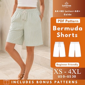 May include: Bermuda shorts with a light green and white vertical stripe pattern, featuring an elastic waistband with a white drawstring. The text on the graphic includes PDF Pattern, Bermuda Shorts, XS-4XL, US 0-US 30, and SoftPrint LAB.