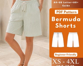 Relaxed Bermuda Shorts PDF Sewing Pattern, Elastic Waist Shorts with Drawstring Cord, Side Pockets, Summer Shorts XS-4XL