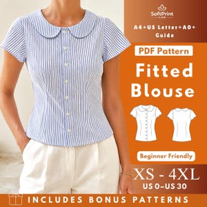 Patrón de costura en PDF para blusa con cuello Peter Pan y botones delanteros, blusa ajustada de tejido con mangas cortas acampanadas, tallas XS-4XL.