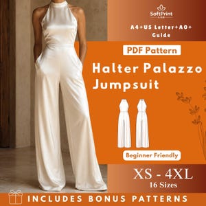 Puede incluir: Un mono palazzo halter de color crema con cuello alto y perneras anchas. La imagen incluye el texto "PDF Pattern Halter Palazzo Jumpsuit" y "XS - 4XL 16 Sizes". La prenda se muestra en un estudio.