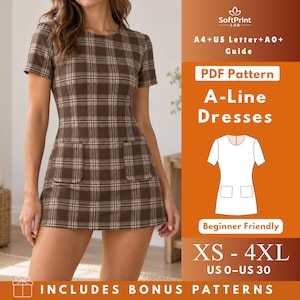 May include: A brown and beige plaid A-line dress with short sleeves and two front patch pockets. The image includes text: SoftPrint LAB, A4+US Letter+A0+Guide, PDF Pattern, A-Line Dresses, Beginner Friendly, XS-4XL, US 0-US 30, INCLUDES BONUS PATTERNS.