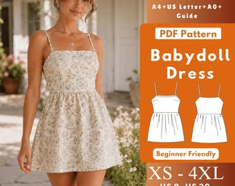 Micro Mini Babydoll Dress Sewing Pattern PDF, Strappy Bust Dart Sundress Pattern, Waist Gathered Mini Dress, Plus Size US 30 Digital Pattern