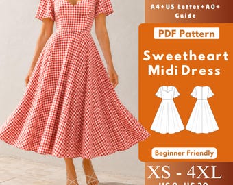 Sweetheart Neck Midi Dress PDF Sewing Pattern, Knit Full Circle Dress with Flared Sleeves, Bust Darts, Back Zipper XS-4XL