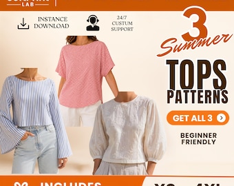 Patrones de costura fáciles para blusas de mujer en PDF, 3 blusas de verano imprimibles, tallas XS–4XL