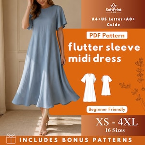Könnte beinhalten: Ein hellblaues Midikleid mit flatternden Ärmeln. Das Kleid hat einen runden Ausschnitt und einen fließenden Rock. Das Bild enthält den Text "PDF Pattern", "flutter sleeve midi dress", "Beginner Friendly" und "XS - 4XL".