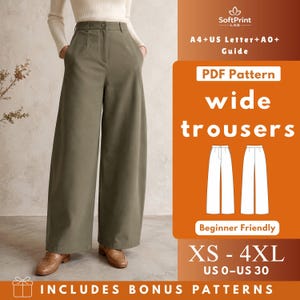 May include: A digital PDF sewing pattern for wide trousers, featuring a high-waisted olive green design with a front button closure. The graphic includes text: SoftPrint LAB, A4+US Letter+A0+Guide, PDF Pattern, wide trousers, Beginner Friendly, XS-4XL, US 0-US 30.