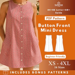 May include: A sleeveless red and white gingham button-front mini dress. The dress has a round neckline, pockets, and a button closure down the front. The image also includes text that says "Button Front Mini Dress" and "XS - 4XL".