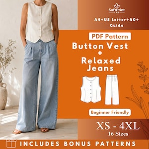May include: A woman wearing a cream-colored button vest and light blue relaxed jeans. The image includes text that reads "PDF Pattern Button Vest + Relaxed Jeans" and "XS - 4XL 16 Sizes". The pattern is beginner friendly and includes bonus patterns.