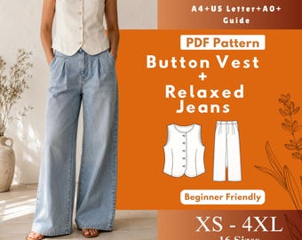 Cartamodello PDF per gilet con bottoni sul davanti e jeans a gamba larga e comoda.
