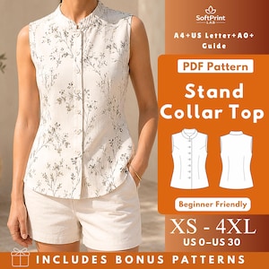 May include: A sleeveless stand collar top with a button-down front and a black botanical print on a white background. The image includes text: SoftPrint LAB, A4+US Letter+A0+ Guide, PDF Pattern, Stand Collar Top, Beginner Friendly, XS-4XL, US 0-US 30.