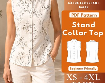 Sleeveless Stand Collar Top PDF Sewing Pattern, Button Front Woven Blouse for Women