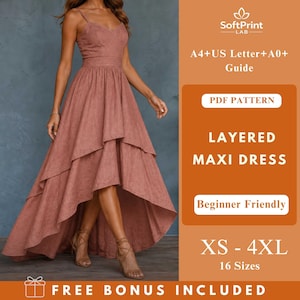 May include: A dusty rose layered maxi dress with spaghetti straps and a high-low hemline. The dress is part of a PDF pattern, beginner-friendly, and available in sizes XS-4XL. The image includes the text "LAYERED MAXI DRESS".