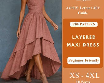 Layered Maxi Dress Sewing Pattern, High Low Dress PDF, Spaghetti Strap Dress Pattern, Flowy Tiered Dress, Summer Dress XS–4XL