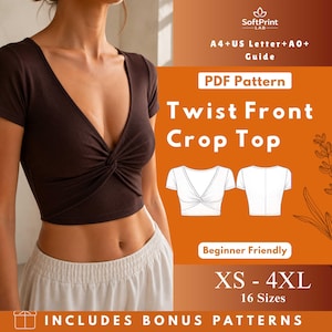 Könnte beinhalten: Ein braunes, geripptes Crop-Top mit Twist-Front und kurzen Ärmeln. Das Bild enthält eine Zeichnung des Tops und den Text "PDF Pattern", "Beginner Friendly" und "XS - 4XL". Das Top ist Teil eines Schnittmusters.