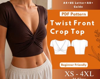 Twist Front Crop Top Sewing Pattern PDF, V Neck Short Sleeve Knit Digital Download