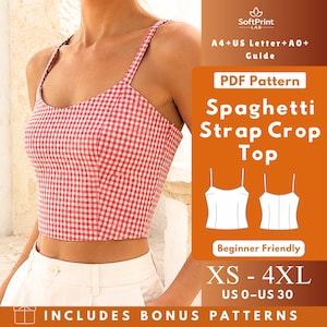 Op de afbeelding: Een rood-wit geruite crop top met spaghettibandjes. De afbeelding bevat de tekst: SoftPrint LAB, A4+US Letter+A0+ Guide, PDF Pattern, Spaghetti Strap Crop Top, Beginner Friendly, XS - 4XL, US 0-US 30, INCLUDES BONUS PATTERNS.