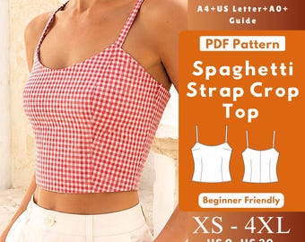 Spaghetti Strap Crop Top PDF Sewing Pattern, Scoop Neck Fitted Camisole, Side Zip Woven Summer Top
